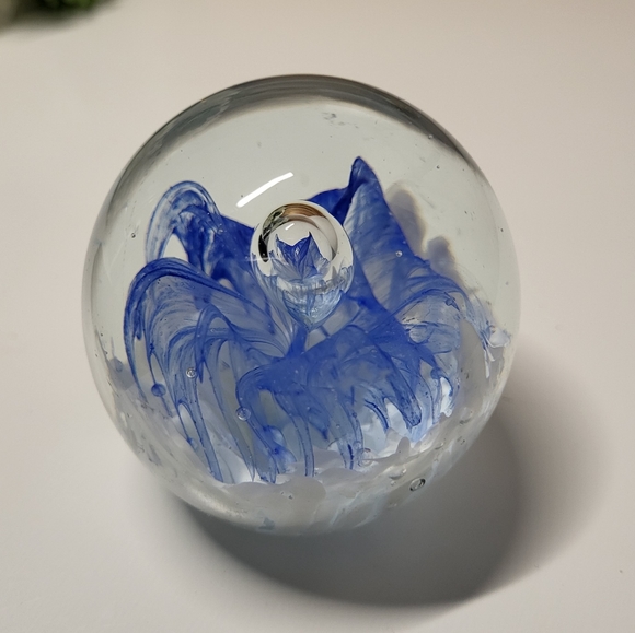 Blown Glass Paperweight - white, cobalt blue and clear glass, Bubble - Picture 2 of 7